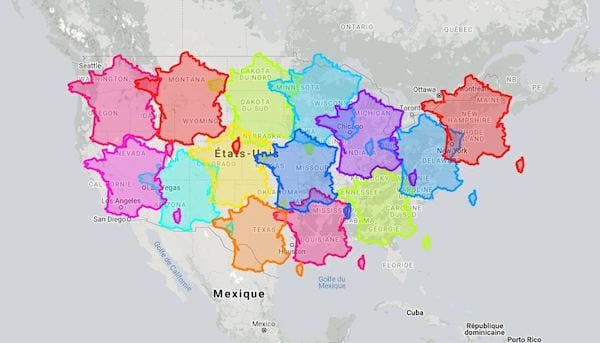 La carte de la France comparée au USA en fonction de leur vraie taille