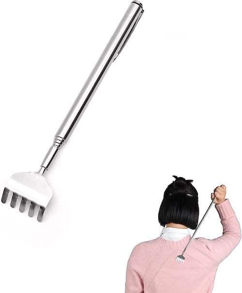 Un gratte-dos métallique télescopique avec une tige extensible dans une main