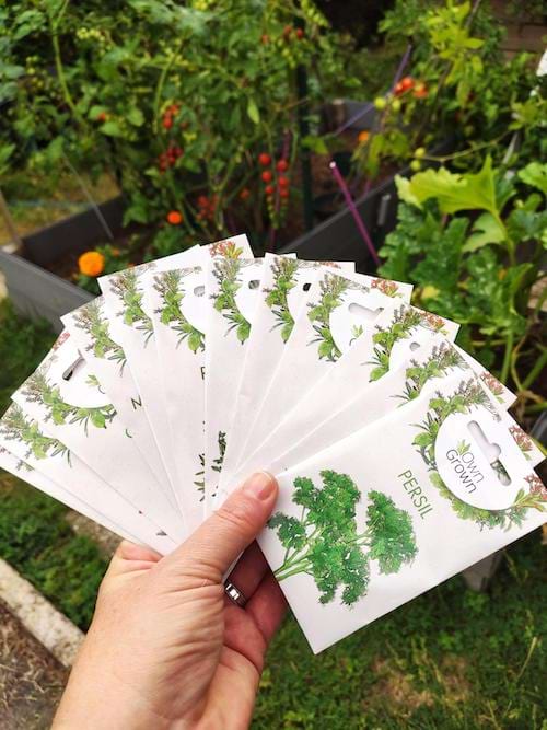 Une personne tenant un kit de graines d‘herbes aromatiques prêt à pousser