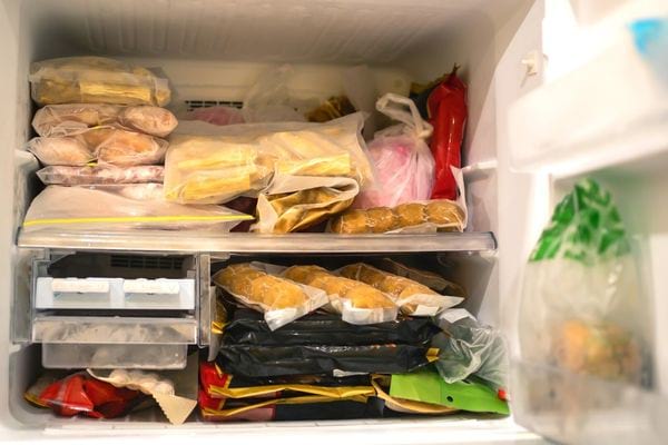 Plusieurs aliments congelés dans un congélateur