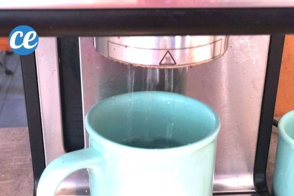 Du vinaigre blanc qui coule d'une machine à café dans une tasse bleue