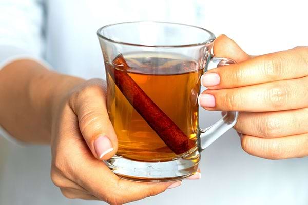 Une personne tenant une tasse où il y a un morceau de cannelle dans de l'eau