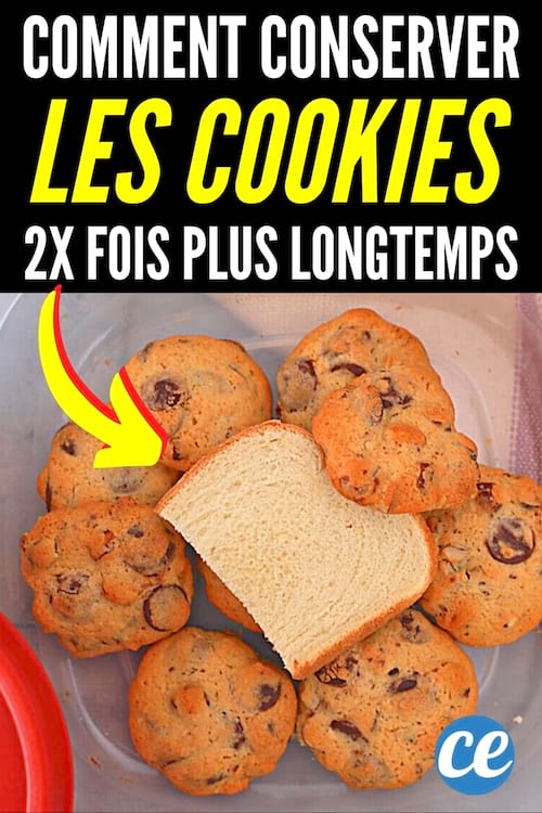 Des cookies dans une boîte alimentaire avec une tranche de pain de mie pour les conserver longtemps