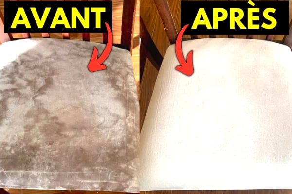 Un revêtement en tissu de fauteuil avant et après nettoyage maison.