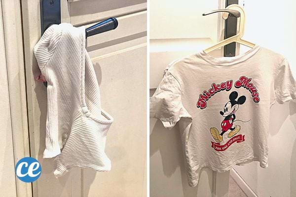 Deux vêtements différents qui sont étendues sur des poignets de porte