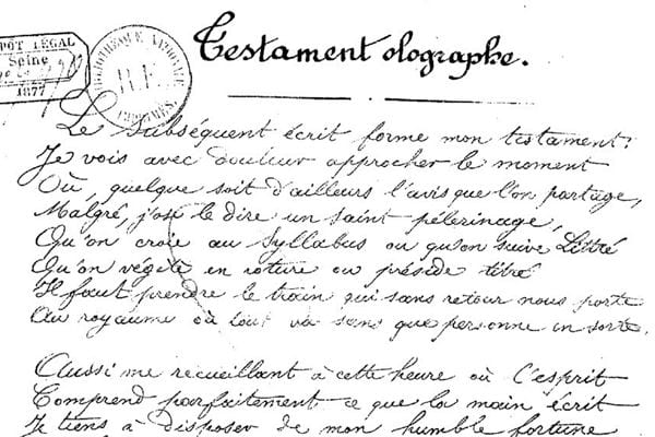 Une feuille avec un style ancien où il est écrit un testament à main levée 
