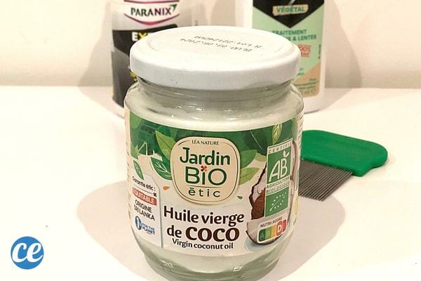 Un bocal d'huile de coco avec une brosse anti-poux juste derrière