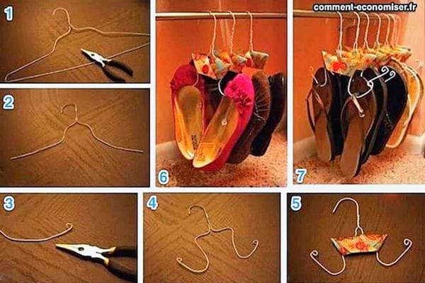 Des chaussures ouvertes suspendues à des cintres 