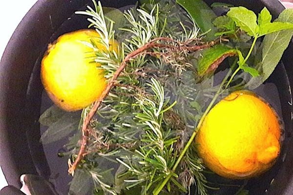 Deux parties de citron jaune dans un bol d'eau avec des herbes 