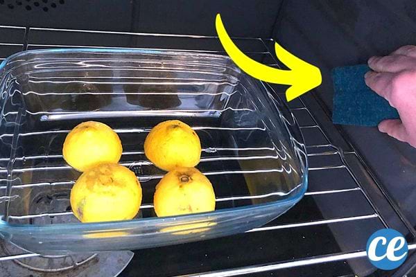 Quatre parties de citron posées dans un plat transparent sur la grille d'un four pour nettoyage