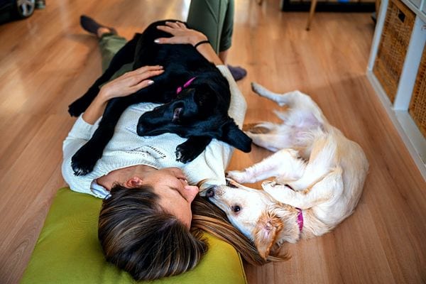Une femme au sol couchée sur le dos faisant un câlin à son chien noir avec un autre à côté