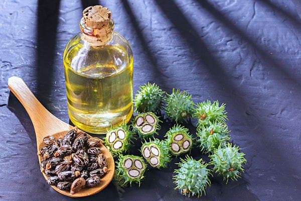 De l'huile de ricin avec avec plusieurs graines à proximité