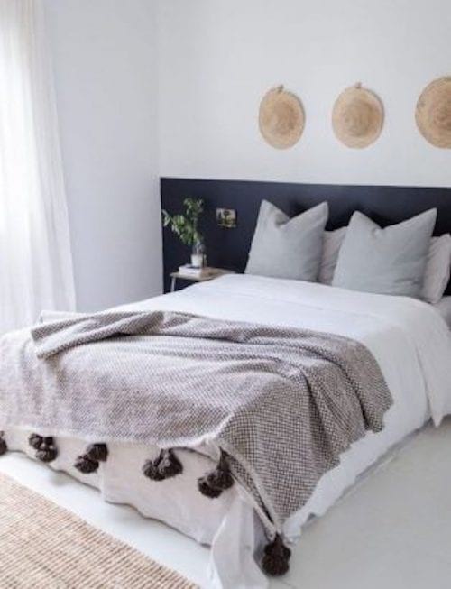 Un lit blanc avec des oreillers et un plaid gris avec une tête de lit plus foncée que la déco