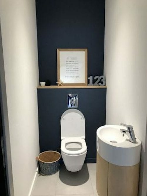A toilet with a blue and white wall 