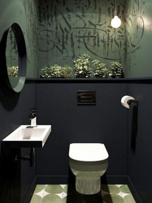 A toilet with a dark style with black and green walls 