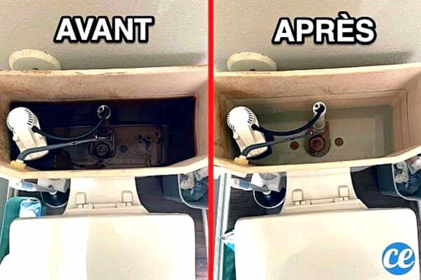 Un réservoir de toilette sale et ensuite nettoyé