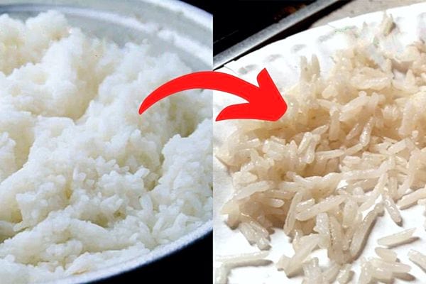 Du riz gluant à gauche transformé en riz bien cuit à droite 