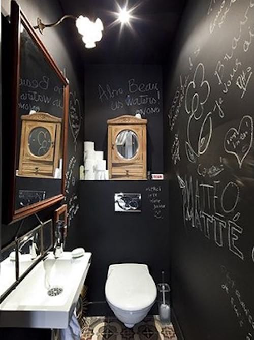 Several chalk writings on black walls in a toilet 
