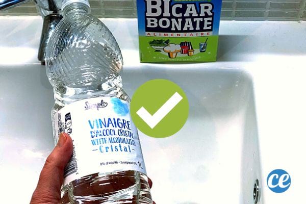 Eine Person hält eine Flasche weißen Essig über ein Waschbecken