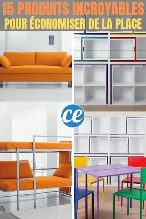 une étagère qui cache une table et un canapé qui se transforme en lit superposé pour gagner de la place