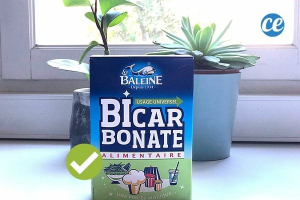 Un paquet de bicarbonate de soude devant une plante d'intérieur 