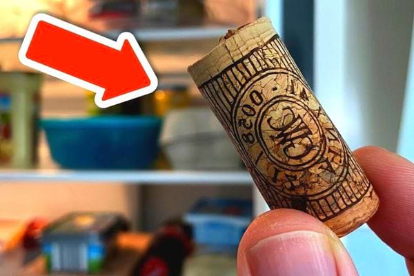 Une personne tenant un bouchon en liège en face d'un frigidaire