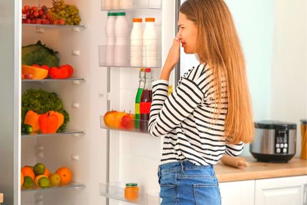 frigo qui sent mauvais avec un dame qui se bouche le nez