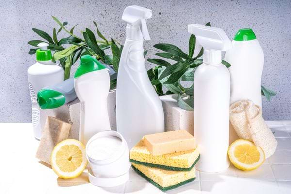 Plusieurs produits ménagers blanc avec du citron et des éponges devant une plante 