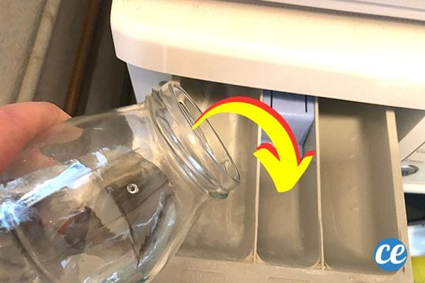 Une personne tenant un bocal en verre vide au dessus d'un bac à lessive