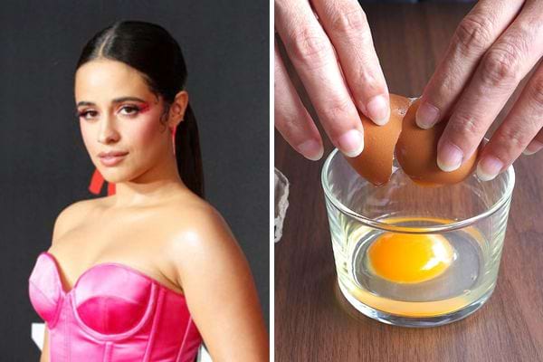 Camila Cabello avec une personne qui casse un oeuf dans un verre 