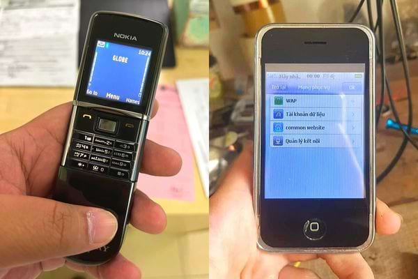 Deux personnes différentes tenant un ancien téléphone Nokia et un smartphone Apple