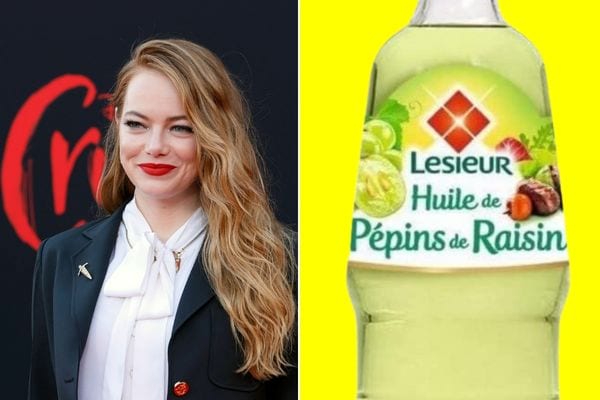 Emma Stone avec une bouteille d'huile de pépins de raisin 