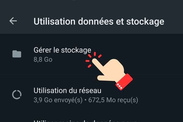 Le bouton gérer le stockage dans WhatsApp