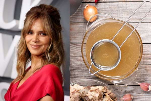 Halle Berry avec un bouillon d'os dans un récipient en verre 