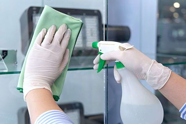 Une personne avec des gants en latex blancs et un spray qui désinfecte une vitrine 