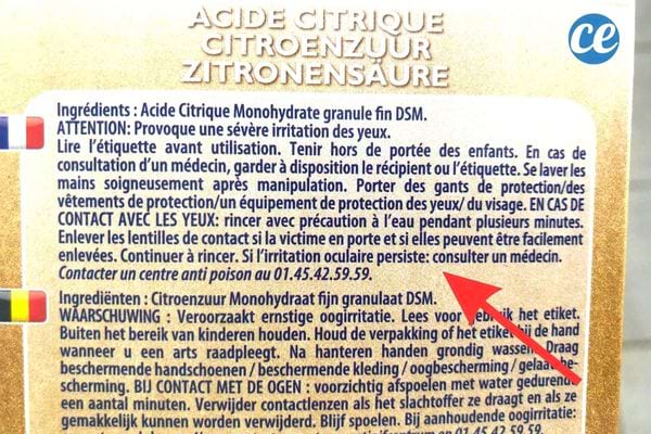 Les précautions d'utilisation sur le dos de la boîte d'acide citrique