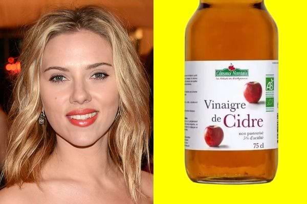 Scarlett Johansson avec une bouteille de vinaigre de cidre 