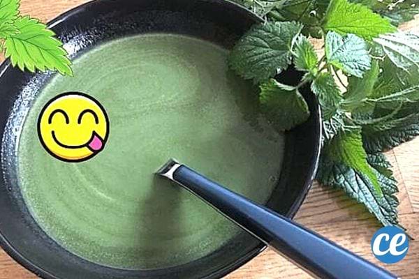 Une assiette creuse noire remplie de soupe d'orties