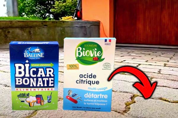 Du bicarbonate, de l'acide citrique et de l'huile sur des pavés autobloquants