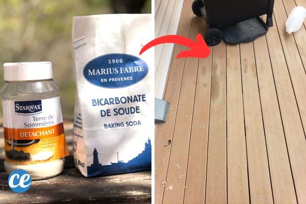 Du bicarbonate de soude avec de la terre de sommières pour les tâches sur terrasse 