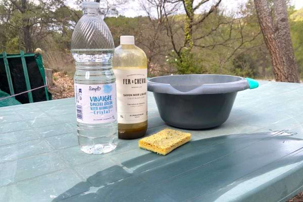 Une bouteille de vinaigre d'alcool avec une autre de fer à cheval avec une bassine et une éponge