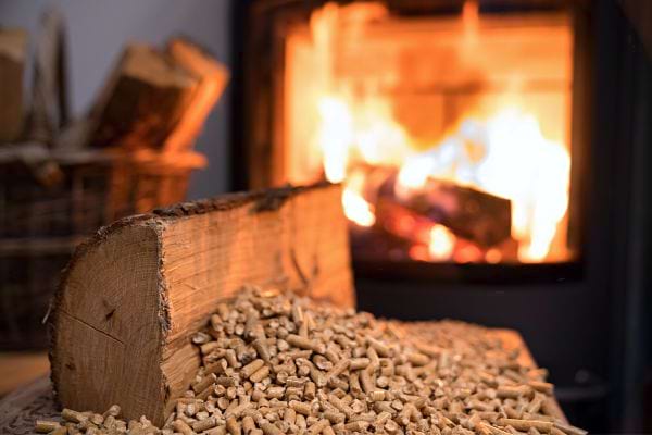 Une cheminée en fond avec une bûches et des copeaux de bois