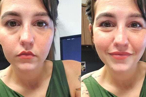 Une femme avec deux expressions faciales différentes