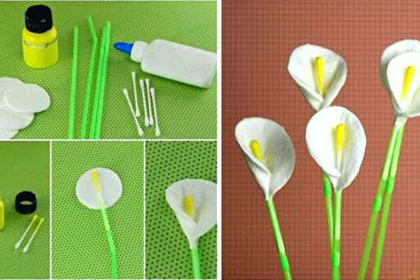 Plusieurs fleurs qui ont été crées avec des cotons-tiges 