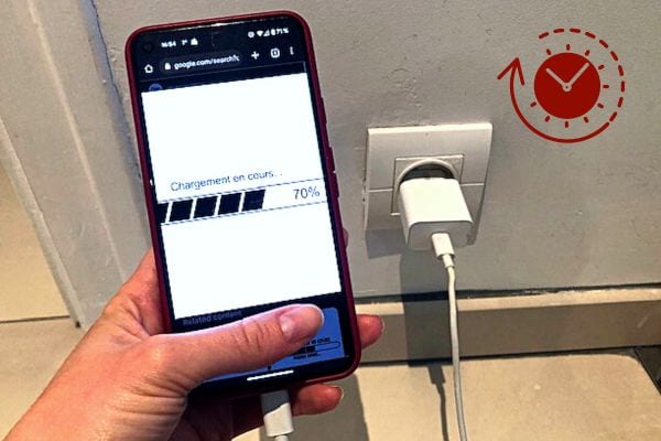 Une personne tenant un téléphone qui charge