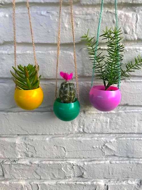 Três mini plantas em vasos coloridos com cordas