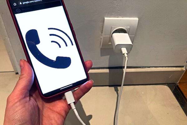 Une personne tenant un téléphone qui charge avec un téléphone sur l'écran