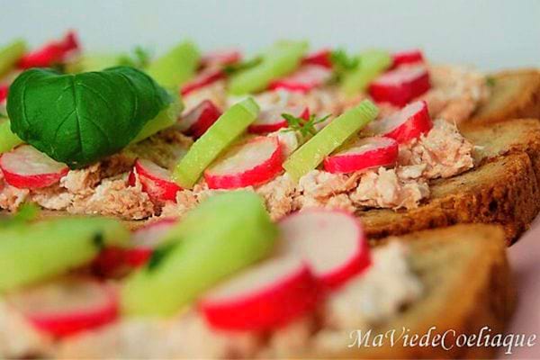 Trois tartines thon, chèvre, concombre et radis