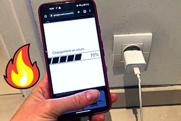 Une personne tenant un téléphone qui charge avec un petit symbole de flamme à côté