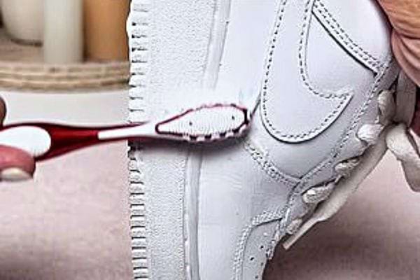 Une personne nettoyant une basket blanche Nike à l'aide d'une brosse à dents rouge